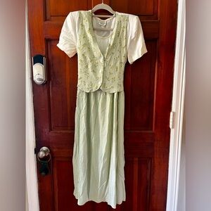 Vintage 80s 90s Bentley Cottagecore Prairie Dress Size 12, Green Floral Vest